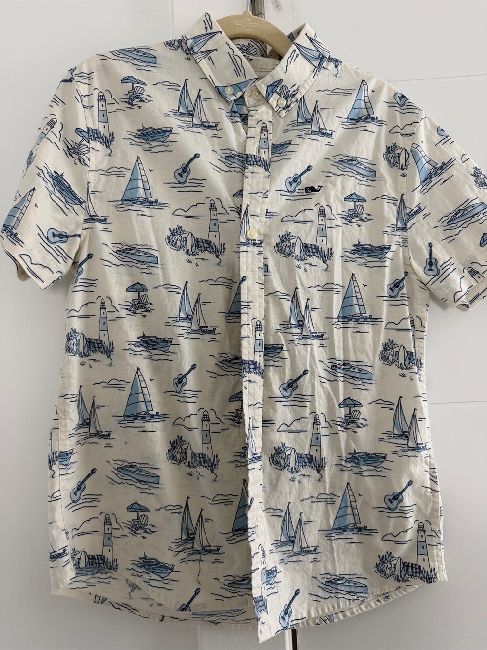 Vineyard Vines Cream Short-Sleeve Button-Down with Blue Nautical Print